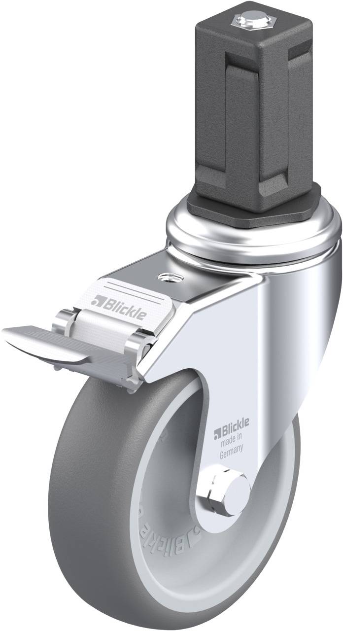 Graue Lenkkrolle mit Bremse und Metallsockel, geeignet für Möbel oder Geräte. Bezeichnet mit 'Blickle' auf der Metallhalterung.