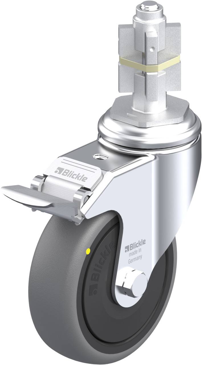 Eine einzelne Laufrolle aus Metall mit Gummireifen, hergestellt von Blickle. Sie hat eine robuste Konstruktion und drehbare Befestigung.