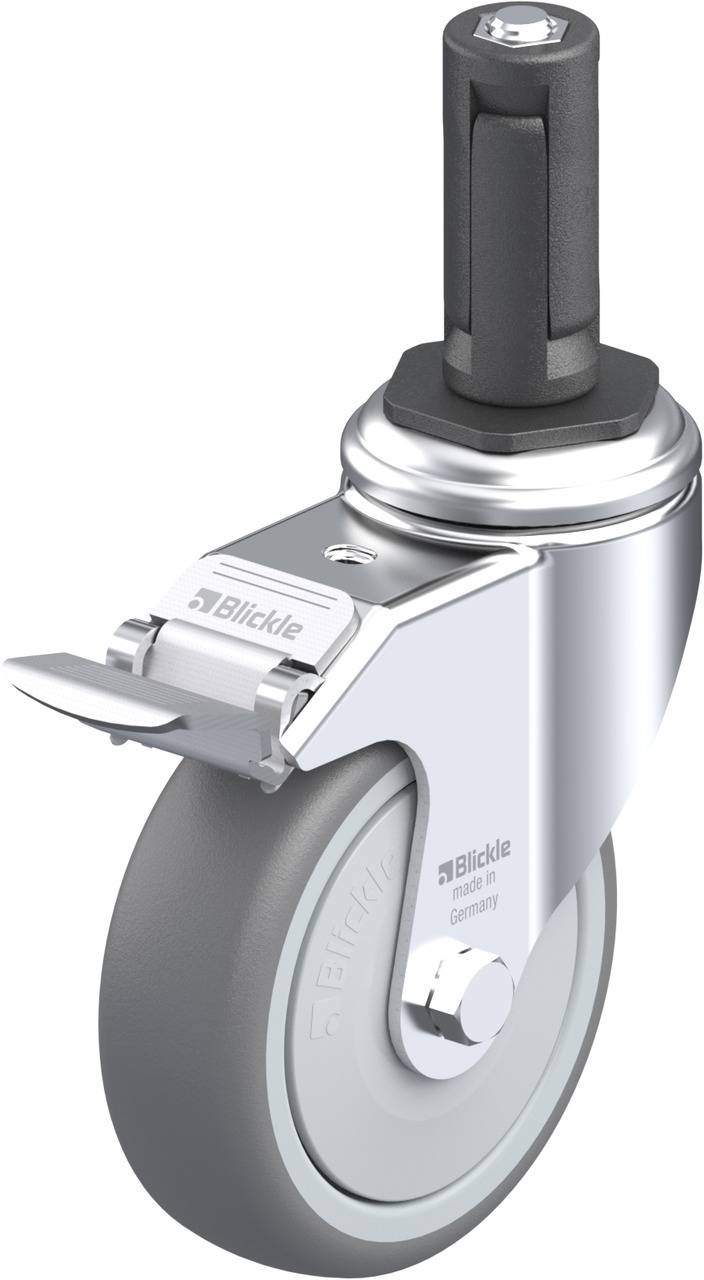 Graue Transportrolle aus Metall und Kunststoff mit drehbarer Steckachse und Schraubverschluss, geeignet für Möbel oder Transportwagen.