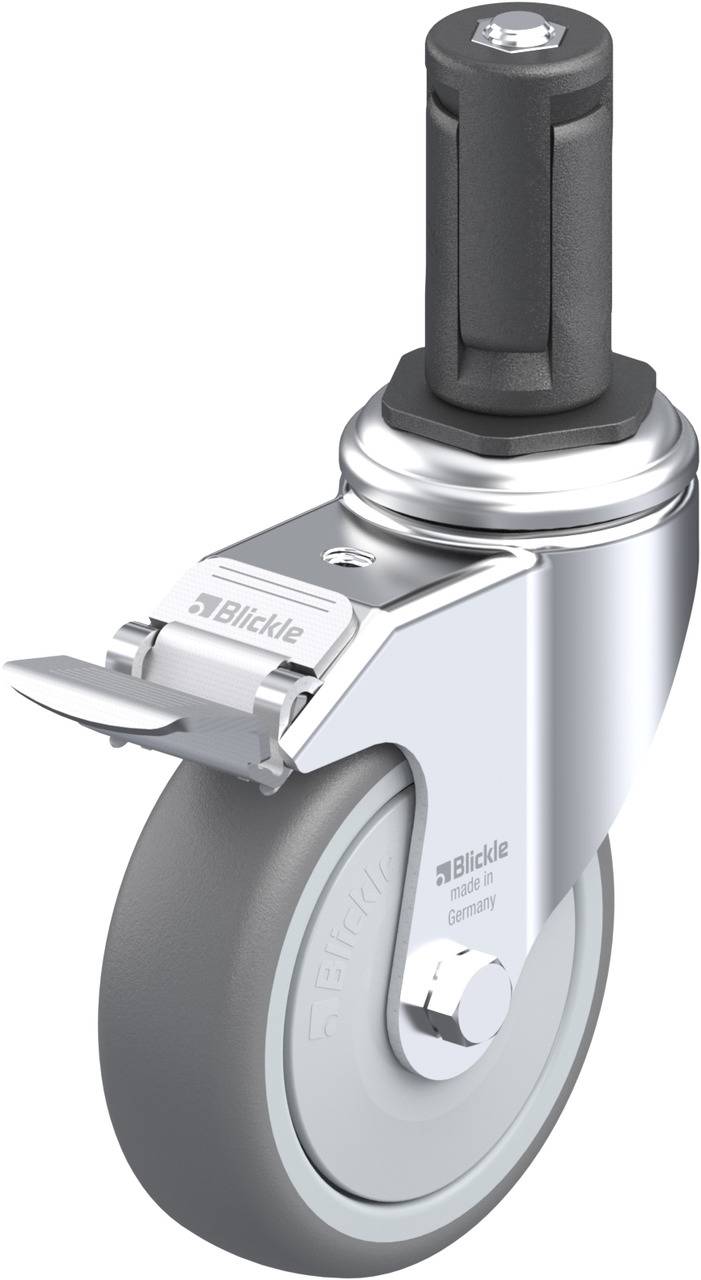 Ein drehbares, silberfarbenes Rad mit grauer Gummireifen und feststellbarem Bremssystem, designed für Möbel oder Wagen.