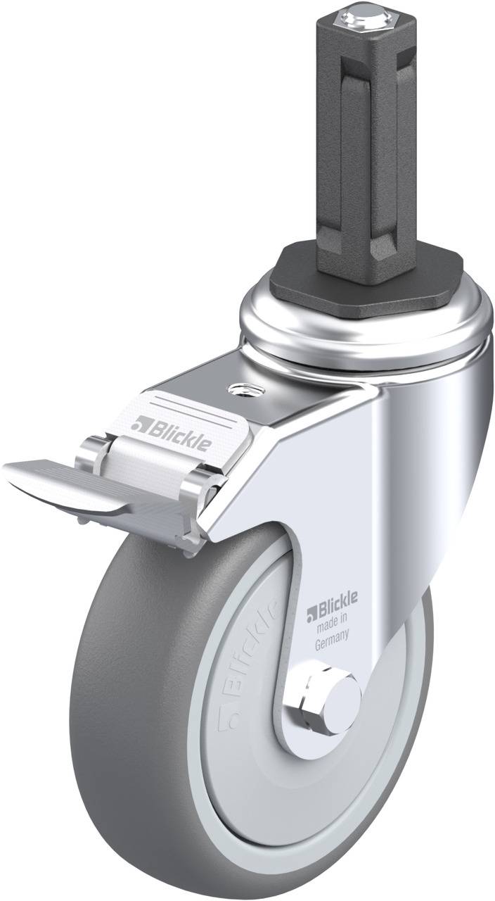 Lenkrolle mit grauem Rad und silbernem Gehäuse, schwarze Schraube oben, Firmenlogo 'Blickle' auf der Metalleinfassung.