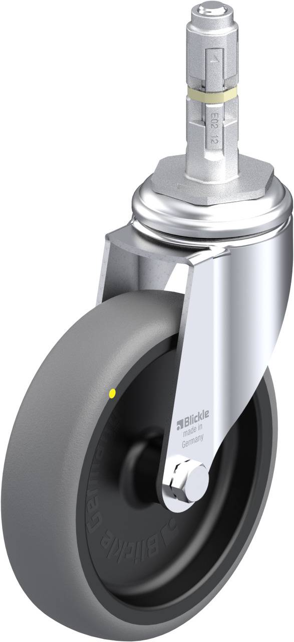 Grauer Rollwagenrad mit schwarzem Rad und silbernem Metallgehäuse. Oben befindet sich ein Befestigungsbolzen aus Metall.