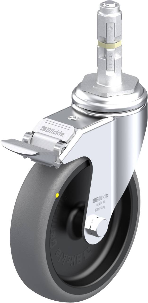 Lenkrolle mit Feststeller, glänzende Metallhalterung und schwarzem Rad. Geeignet für Industrie- und Transportanwendungen.