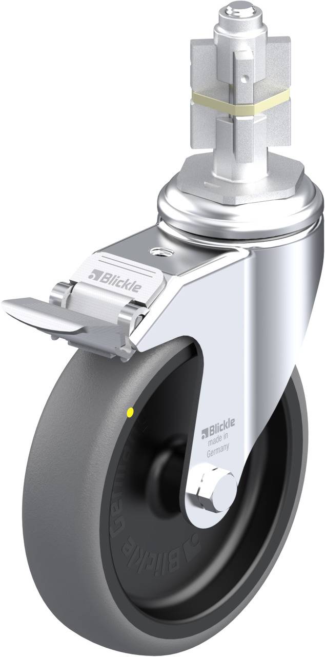 Schwenkrolle aus Metall mit Bremse, grauem Rad aus Gummi und Befestigungsplatte. Geeignet für Möbel oder Industriemaschinen.