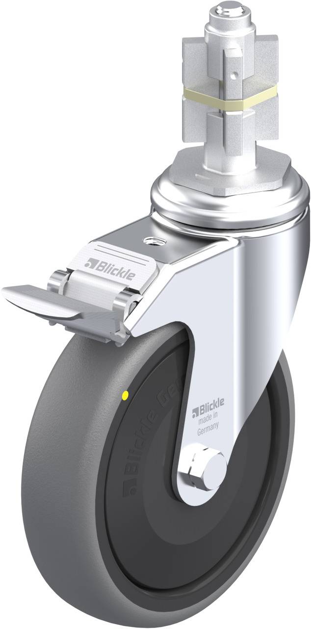 Industrielles Schwenkrad aus Metall und Gummi, mit Bremse und drehbarem Gehäuse. Verwendet für schwere Anwendungen.