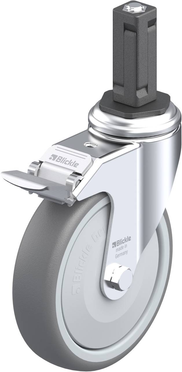 Industrie-Lenkrolle mit grauem Rad, Befestigungsbolzen und Metallschutz. Geeignet für vielfältige Transportanwendungen.