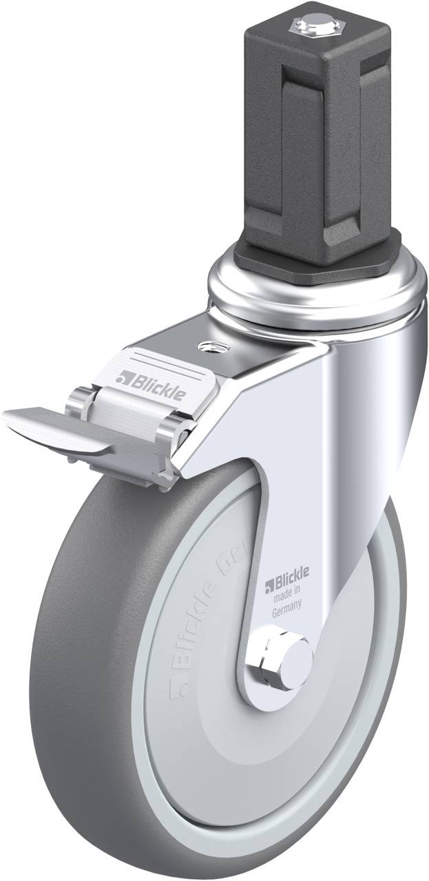 Graue Apparaterolle mit Bremse von Blickle, geeignet für industrielle Anwendungen, mit Metallgehäuse und im Bild sichtbarer Produktbezeichnung.