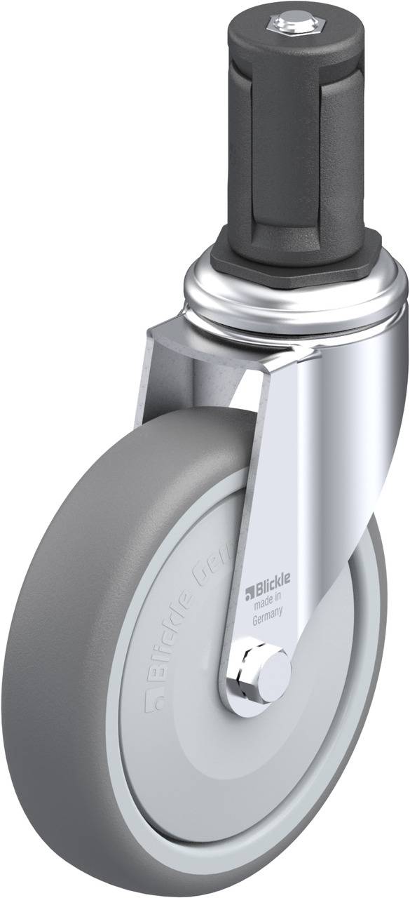 Rollenrad aus grauem Gummi mit schwarzer Stahlgabel und grauem, runden Kunststoffschutz, montiert auf einem Drehgestell.