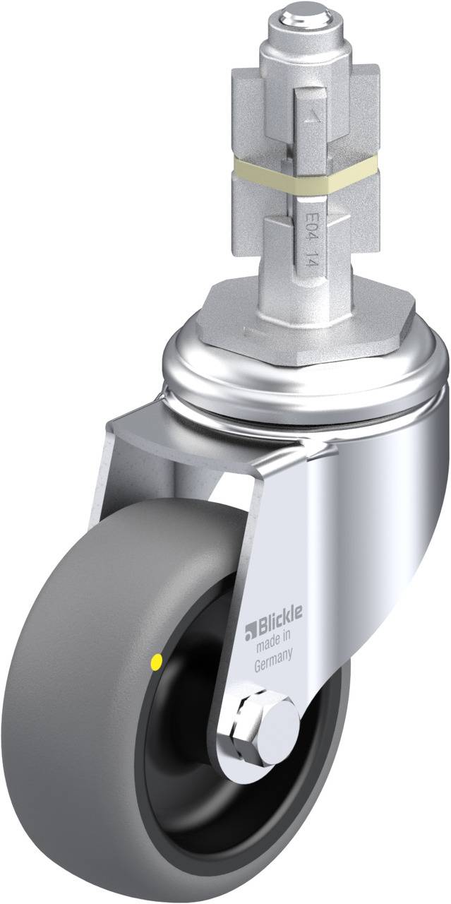 Eine graue, drehbare Lenkrolle mit Metallgabel und grauem Reifen. Die Gabel trägt die Aufschrift 'Blickle' und 'Made in Germany'.
