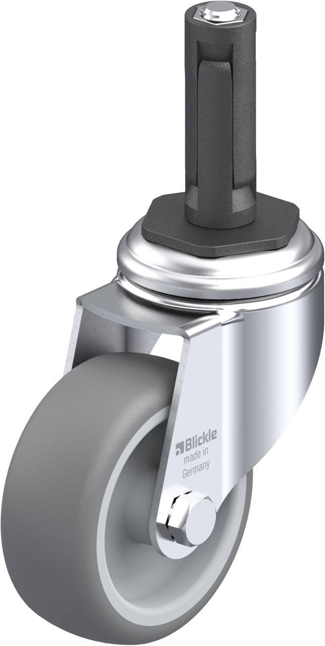 Graue Lenkrolle mit Metallgehäuse und Steckverbindung, hergestellt von Blickle in Deutschland. Geeignet für Geräte oder Möbel.