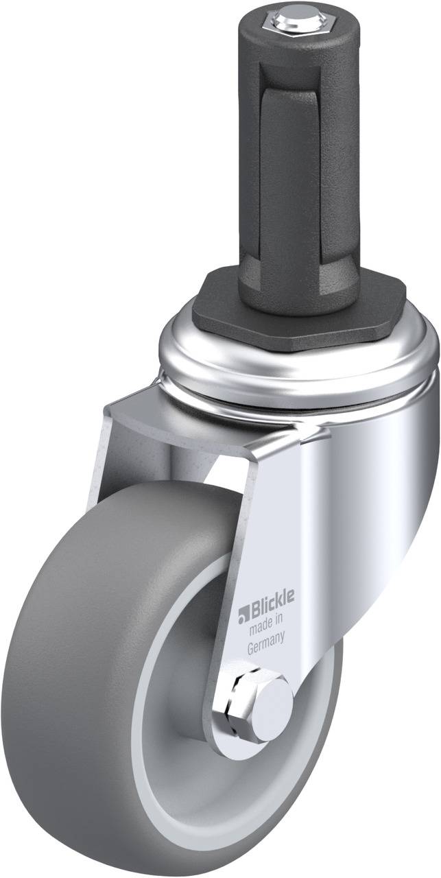 Graues Lenkrolle mit Hartgummirad und metallischer Befestigung, geeignet für den industriellen Einsatz.