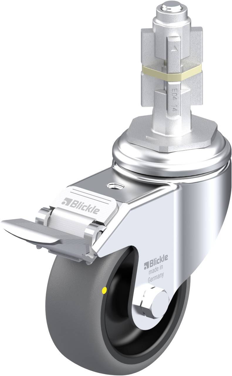 Schwenkrolle mit Bremse und grauem Rad, aus Metall gefertigt. Produkt der Marke Blickle, designed für industrielle Anwendungen.