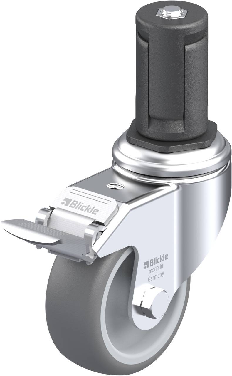 Schwenkrolle aus Metall mit grauem Rad und schwarzem Befestigungsstift. Aufschrift 'Blickle' und 'Made in Germany' auf der Halterung.