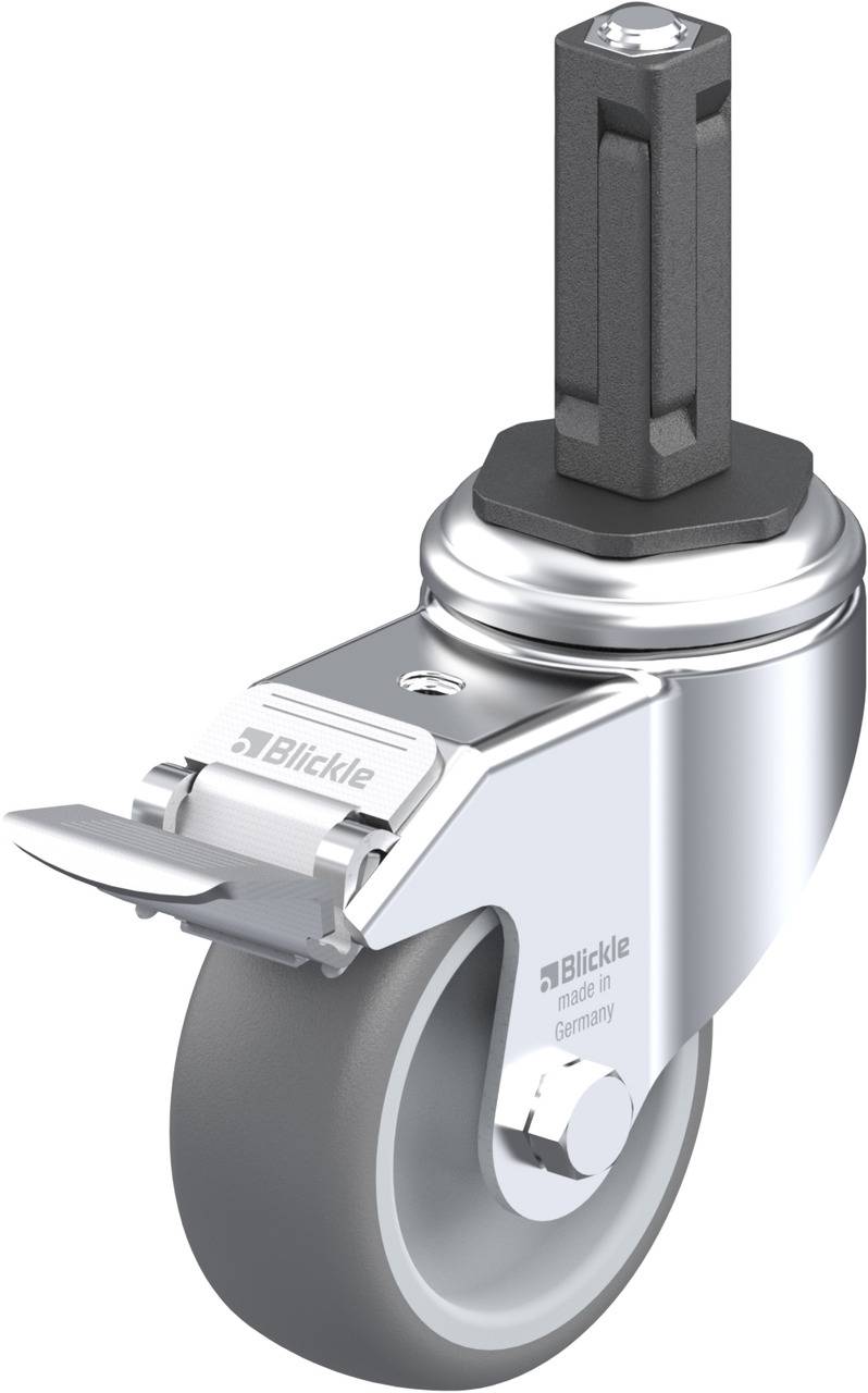 Abgebildet ist ein drehbares Transportrollenrad aus Metall mit grauer Gummibereifung und einem schwarzen Befestigungsstift.