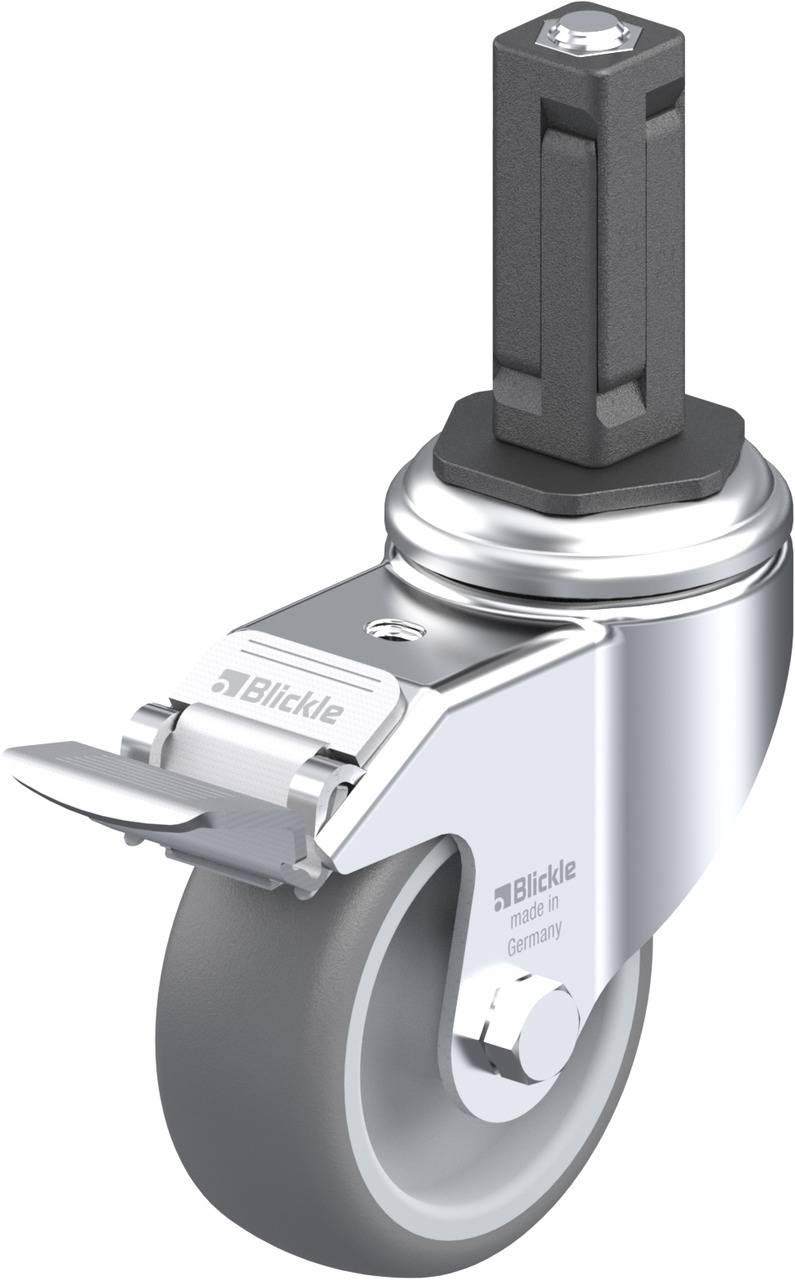 Metallisches Lenkrolle mit grauem Rad, vermeintlich von der Marke Blickle, mit Feststellhebel und sechseckigem Befestigungszapfen.