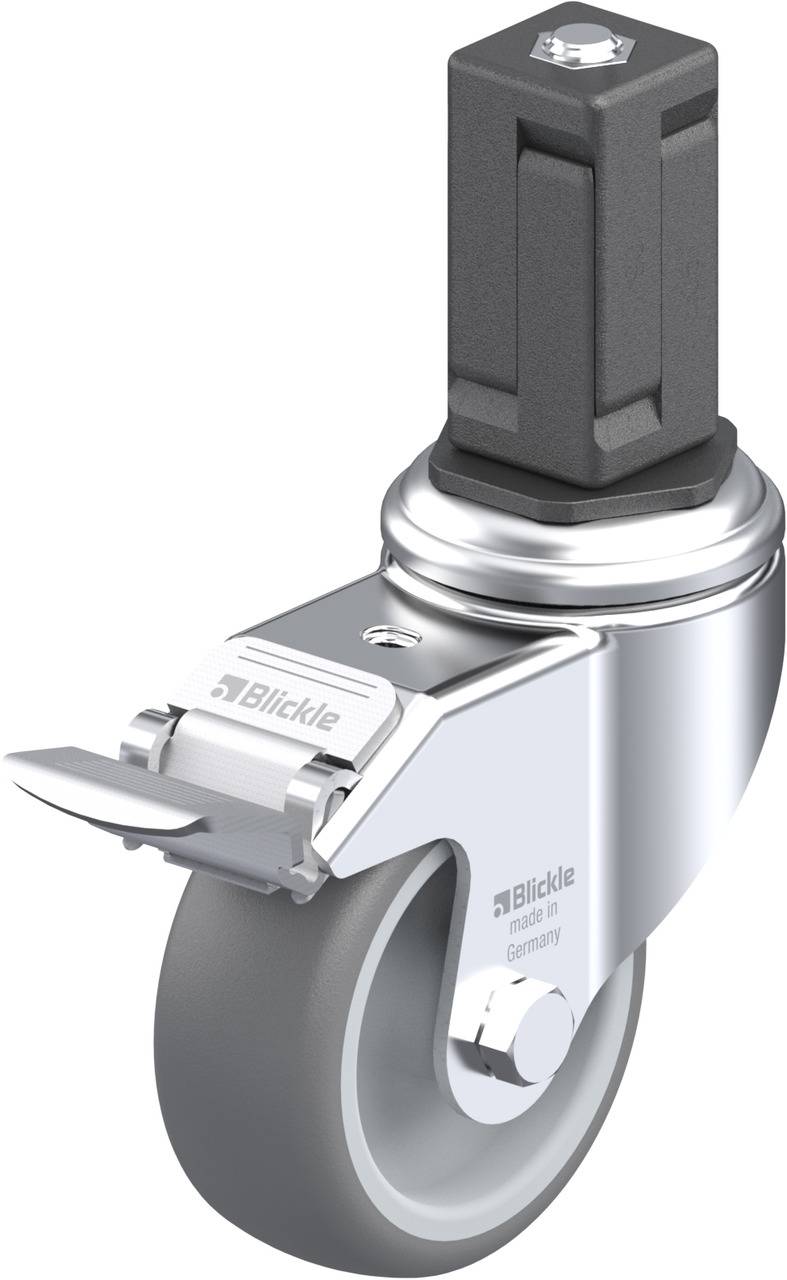 Blickle Rolle mit Feststeller und drehbarem Gehäuse, geeignet für Geräte. Gehäuse aus Metall, Rad mit grauer Lauffläche.