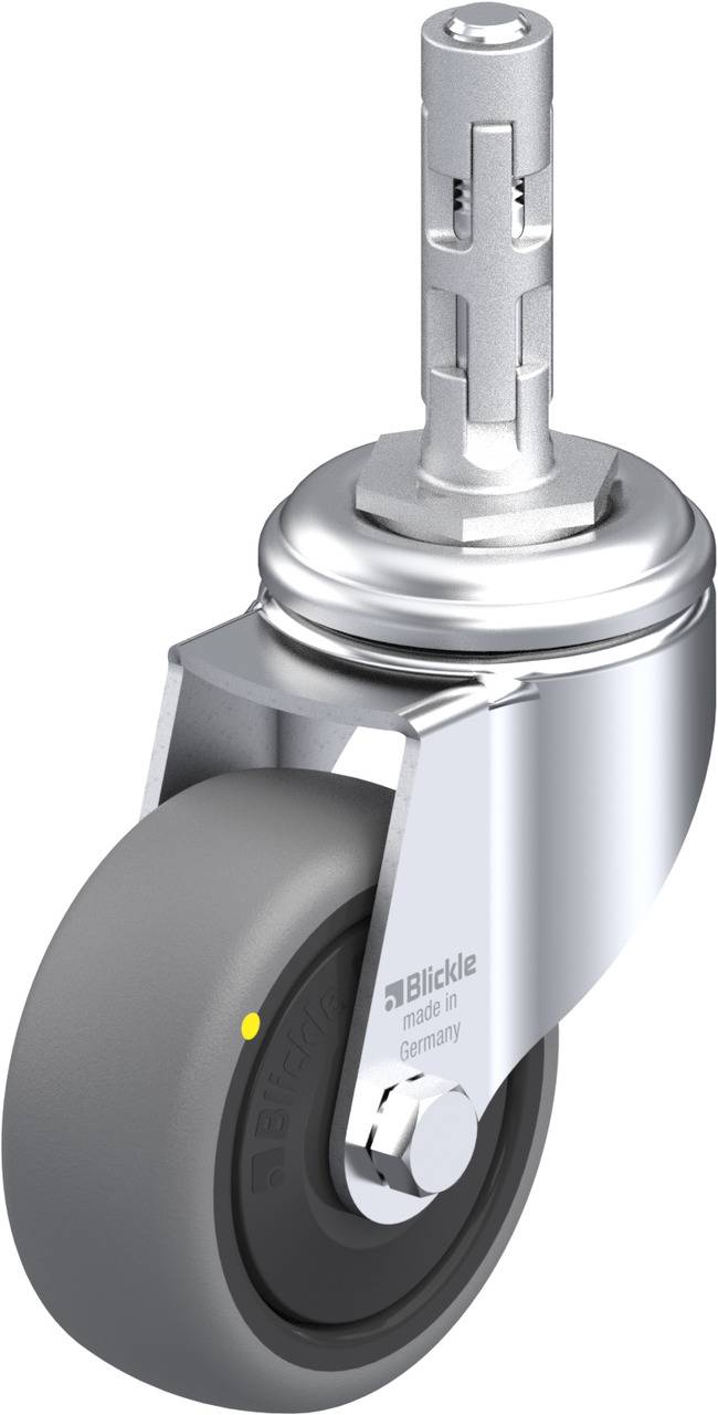 Lenkrolle mit grauem Rad und Metallgehäuse, Aufschrift 'Blickle made in Germany' auf der Halterung. Geeignet für industrielle Anwendungen.