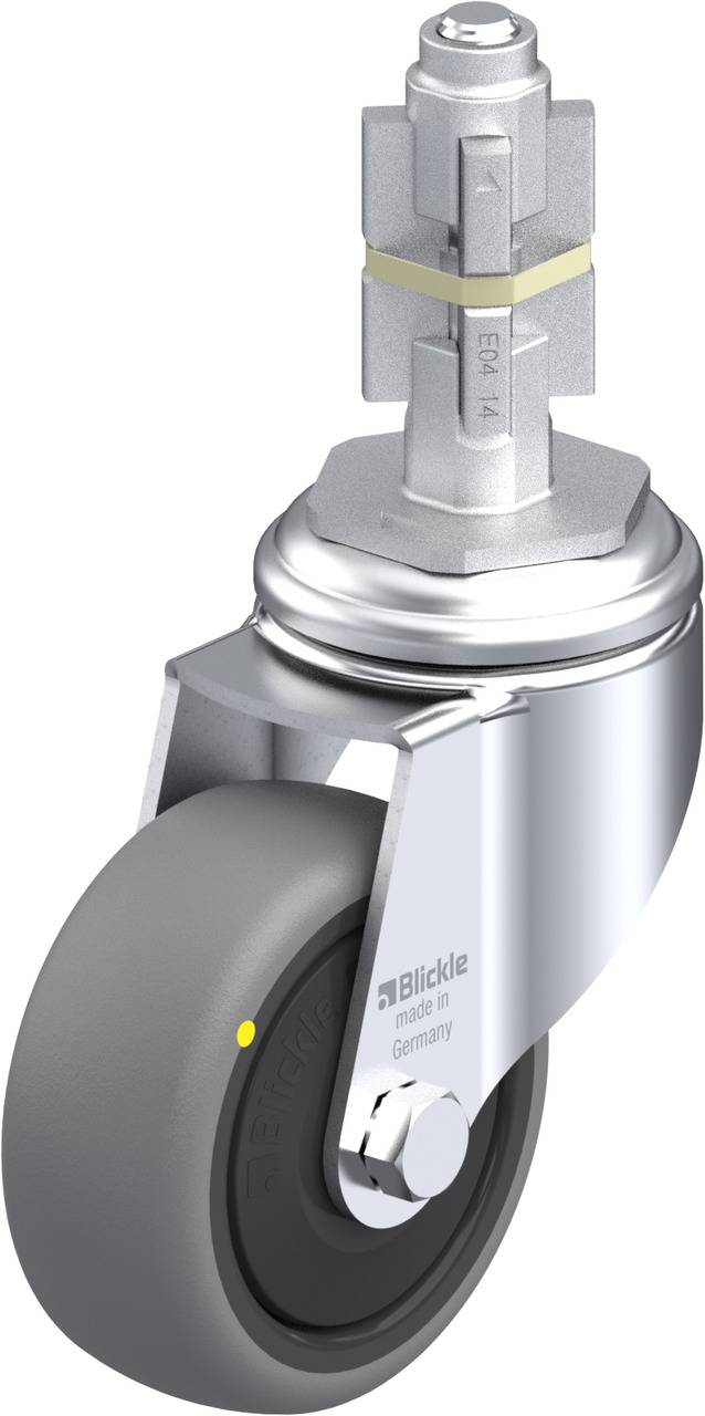 Industrie-Rollenrad mit grauem Gummi, silbernem Metallgehäuse und drehbarem Kopf, geeignet für Möbel und Maschinen.