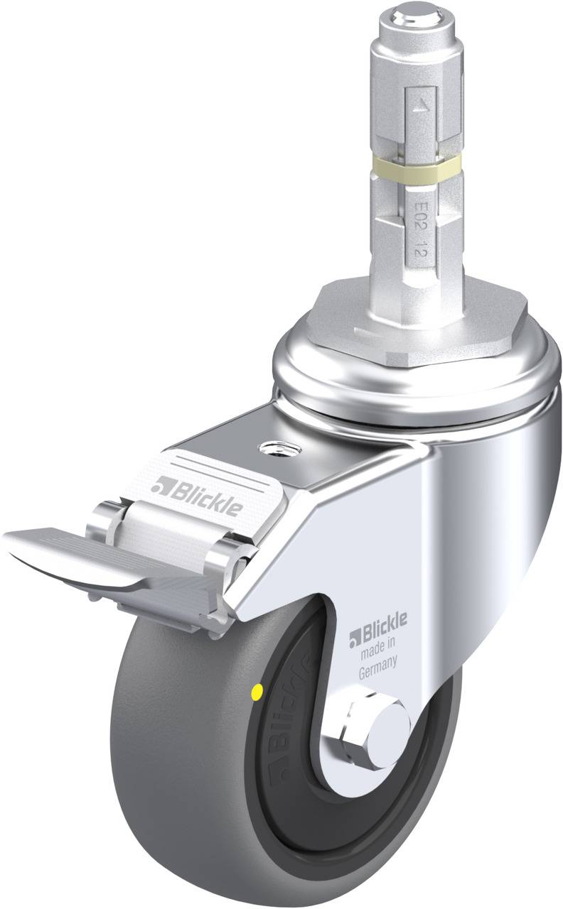 Drehbares Rad mit feststellbarem Bremselement und Metallschaft, geeignet für industrielle Anwendungen. Hochwertige Verarbeitung und Funktionalität.