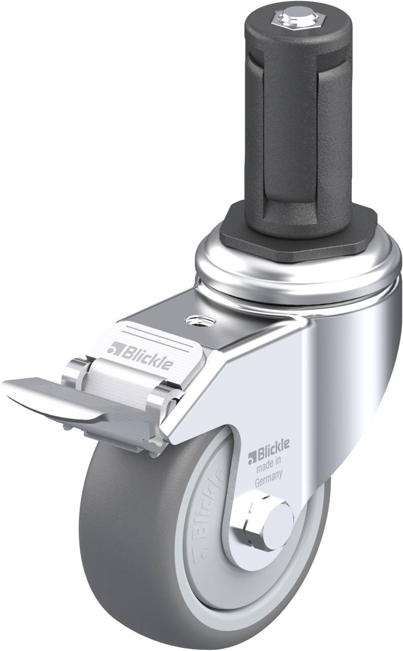 Eine graue Lenkrolle mit Feststellbremse und schwarzer Steckachse, geeignet für den Einsatz an Transportgeräten in industriellen Umgebungen.