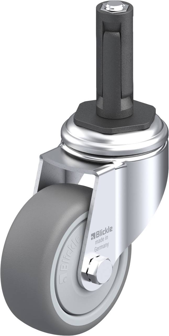 'Blickle' Lenkrolle aus Metall und Kunststoff, grau, mit Schraubgewinde.
