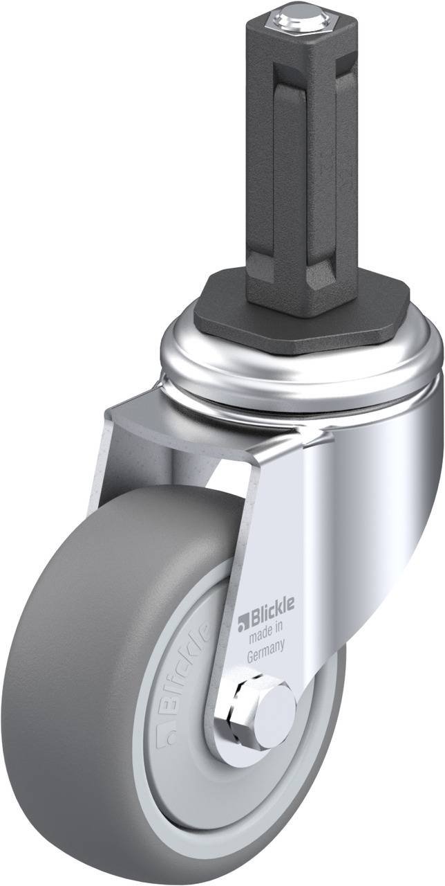 Grau-gummiertes Lenkrad mit metallischer Halterung und sechseckigem Schaft, geeignet für industrielle Anwendungen.