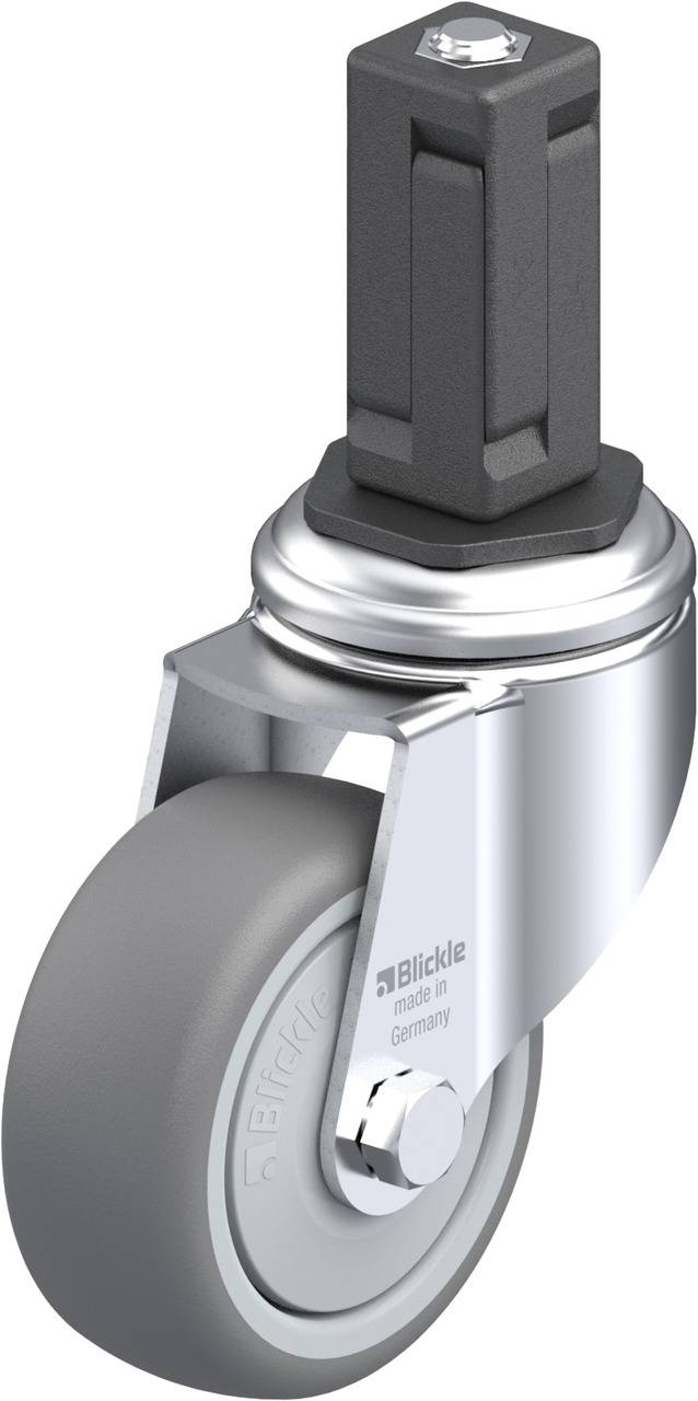 Graue Lenkrolle mit Befestigungsstift aus Metall und Kunststoff, beschriftet mit 'Blickle Made in Germany', geeignet für Möbel oder Ausrüstung.