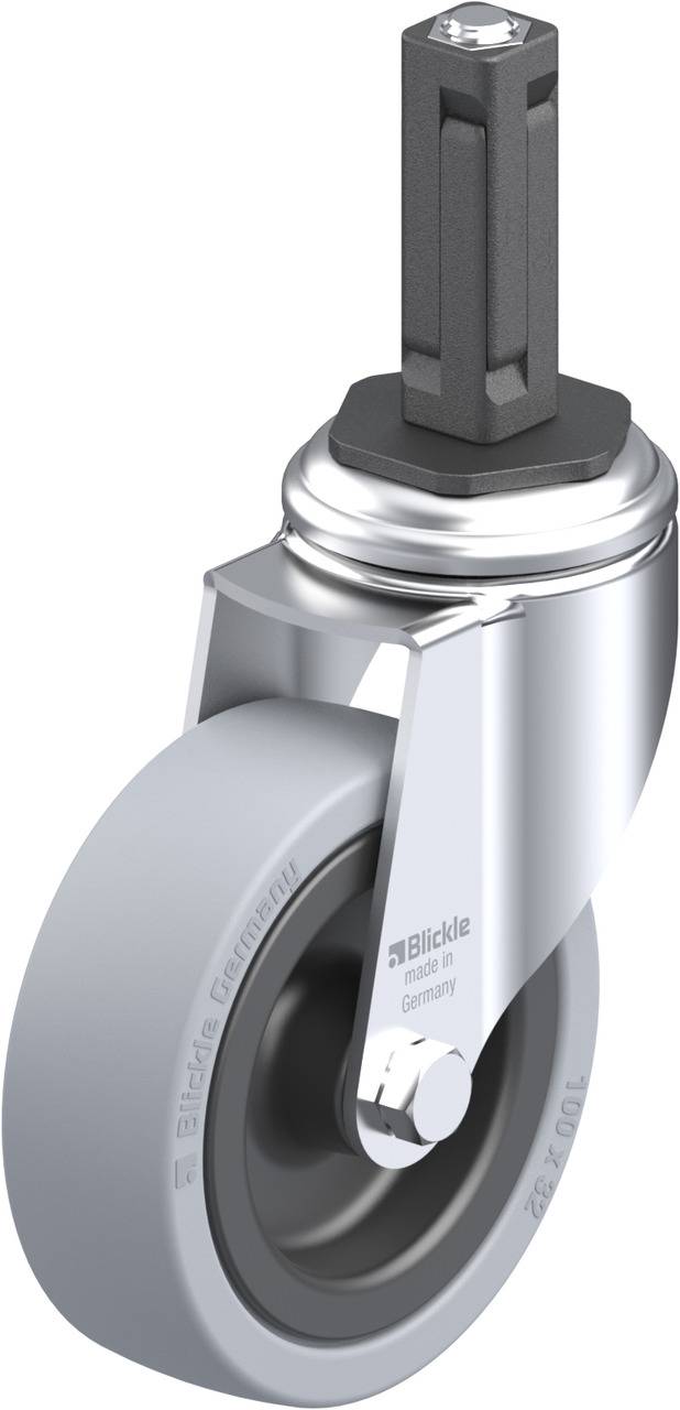 Industrielle Lenkrolle mit grauem Rad und Metallgehäuse. Das Design ist robust, geeignet für schwere Lasten in gewerblichen Anwendungen.