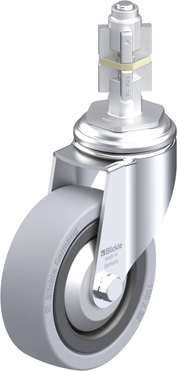 Grauer Lenkrolle mit stabiler Halterung, geeignet für industrielle Anwendungen.