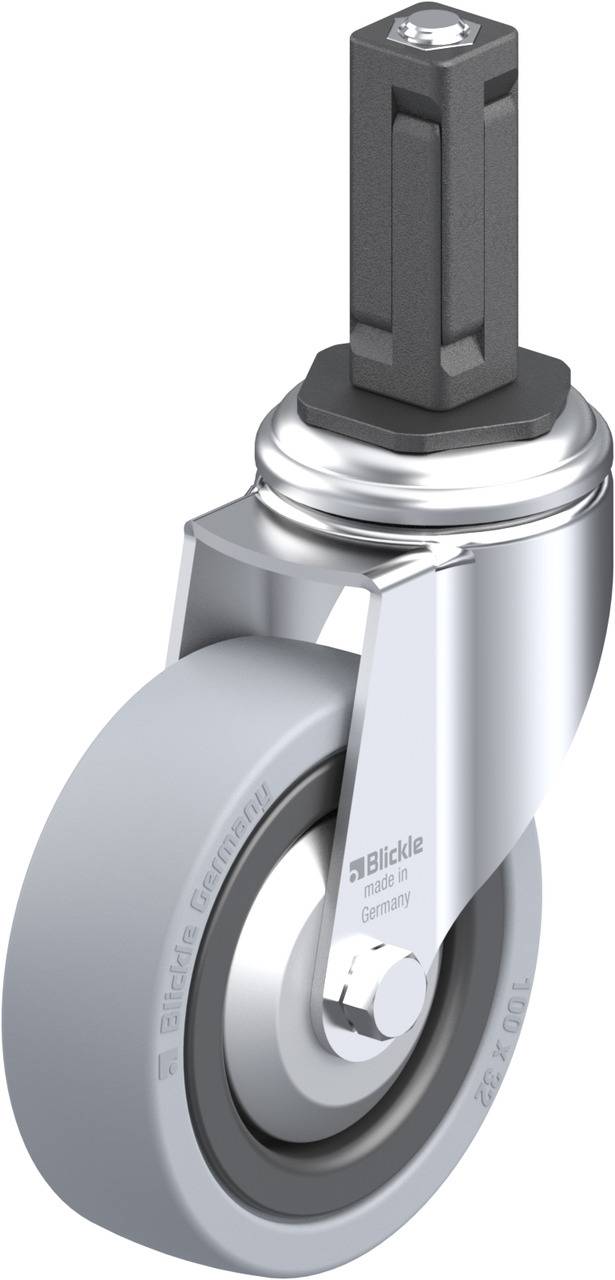 Drehbares Rad mit grauer Gummilauffläche und Metallgehäuse, geeignet für Möbel oder industrielle Anwendungen.