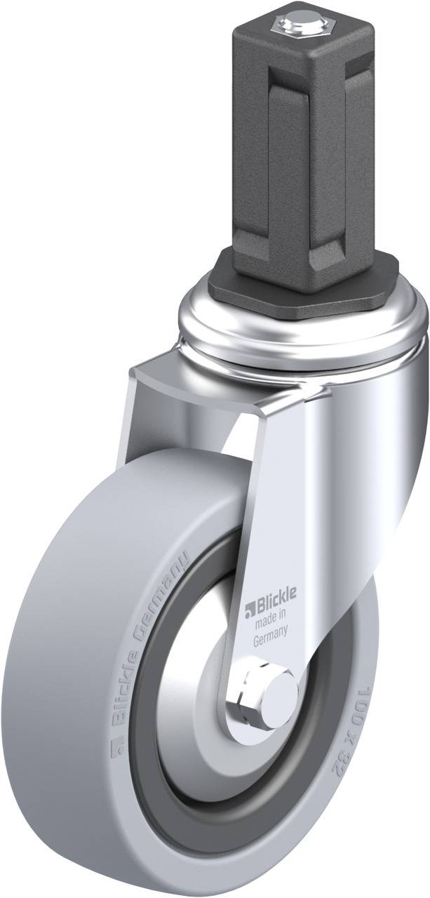 Metallrolle mit grauem Rad und sechseckigem Stiel. Geeignet für schwere Lasten und industrielle Anwendungen.