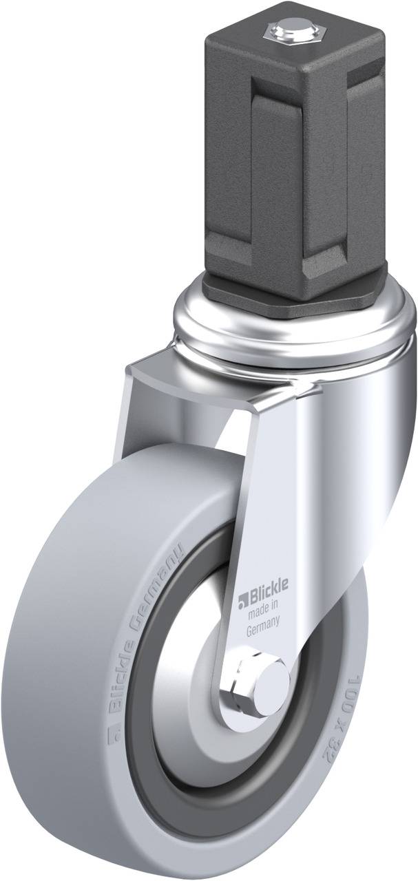 Metallenes Apparaterad mit grauem Gummirad und rechteckigem Adapter oben, geeignet für Möbel oder industrielle Nutzung.