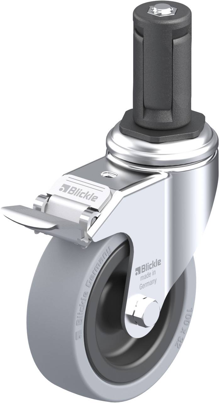 Lenkrolle mit feststellbarer Achse, silbernes Metallgehäuse, graues Rad.
