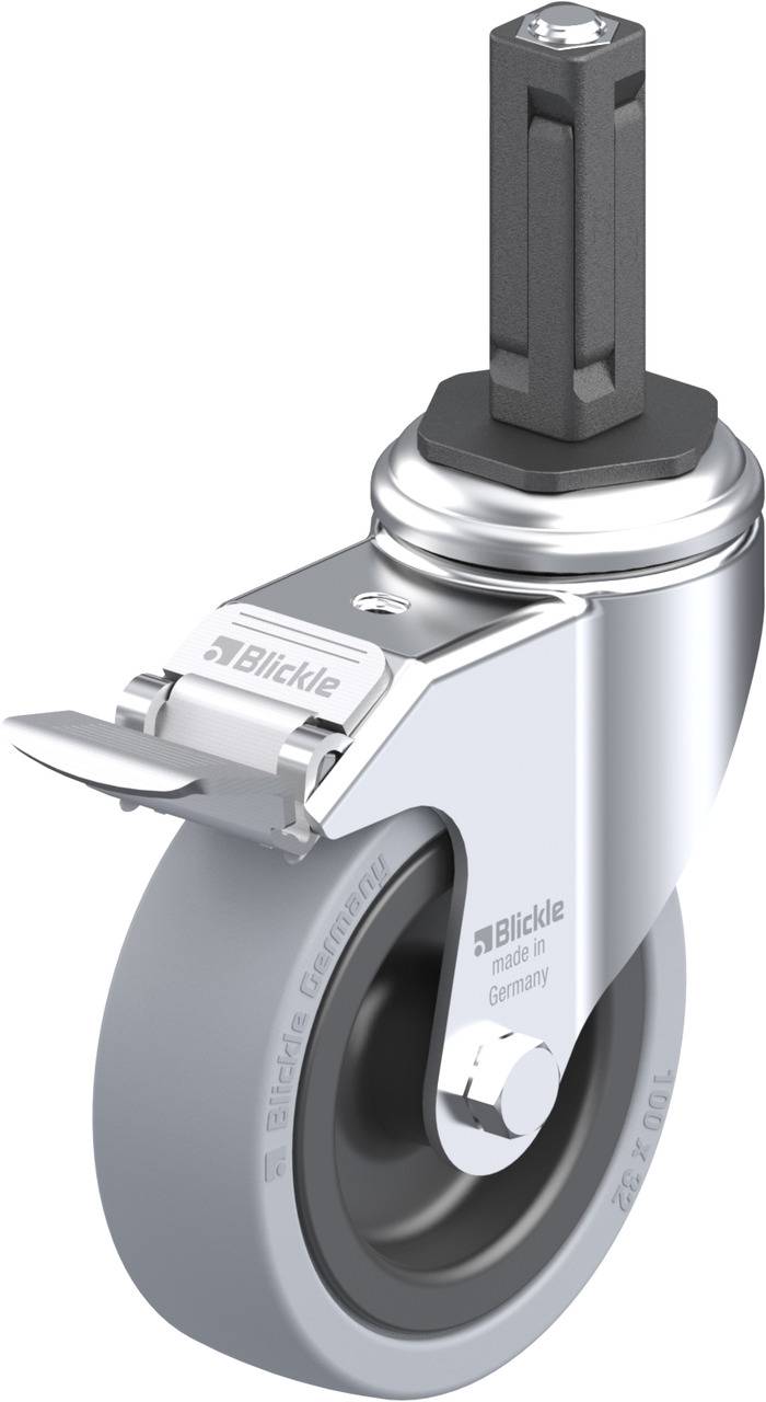 Silberne Apparaterolle mit Radblockierung und Steckbolzen, geeignet für den industriellen Einsatz. 'Blickle made in Germany' steht auf der Rolle.