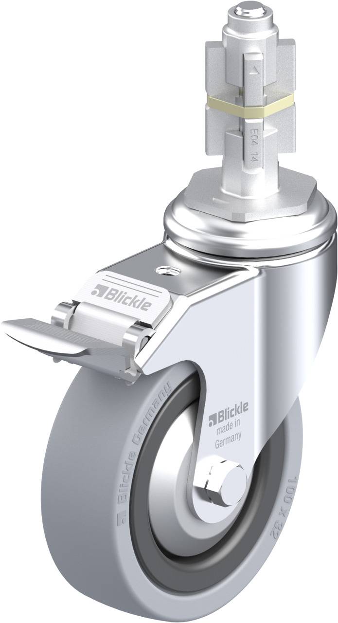 Lenkrolle aus Metall mit grauem Rad, feststellbar, und einem zylindrischen Gewindestift oben zur Montage. Aufdruck: 'Blickle made in Germany'.