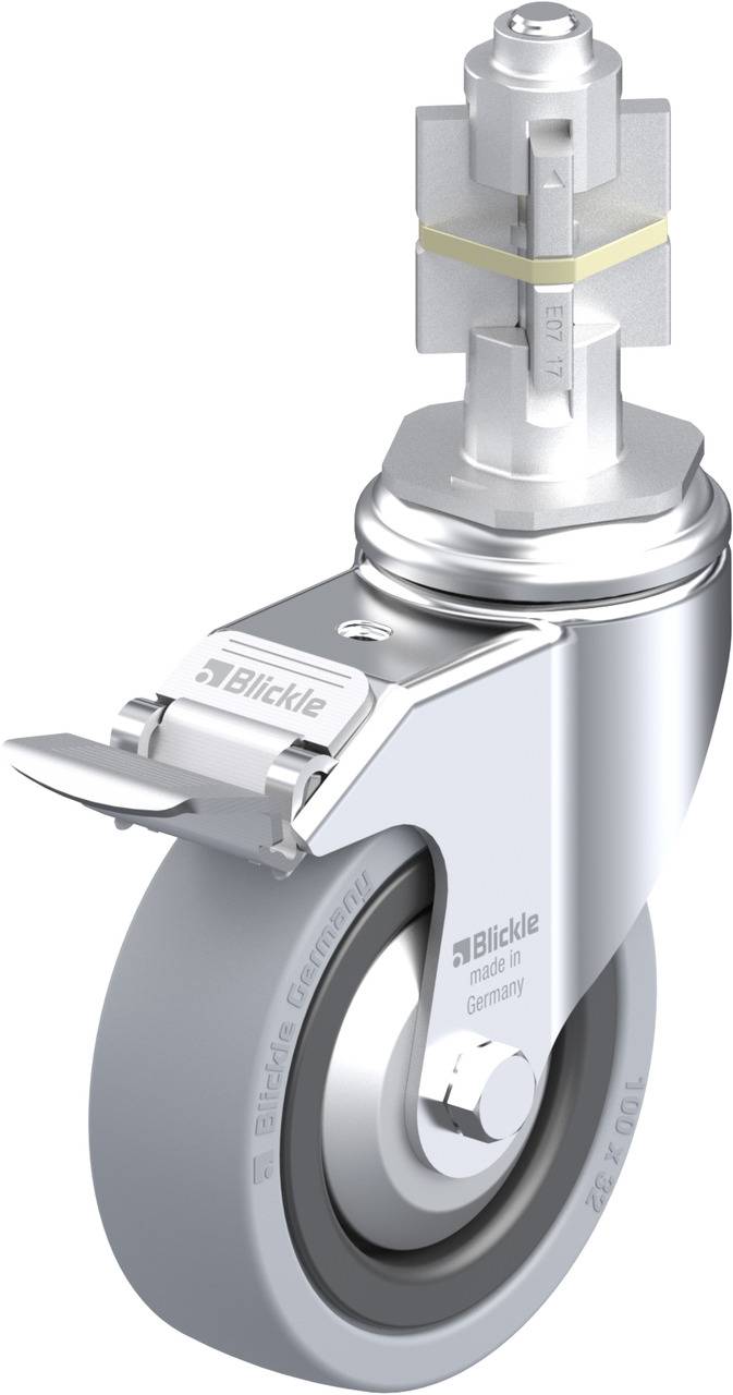 Graues Lenkrolle mit Bremse aus Metall und Gummi, geeignet für schwere Lasten. Markenname und technische Details auf der Gabel.