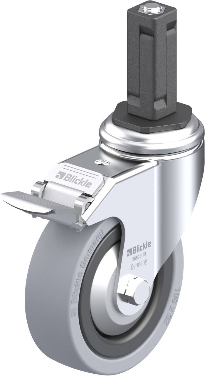 Metallisches Schwenkrolle mit grauem Rad und rechteckigem Dorn. Aufschrift 'Blickle, made in Germany'.