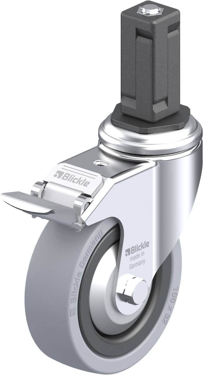 Schwerlastrolle mit grauem Gummirad und Metallgehäuse, bremsbar und drehbar, mit rechteckiger Befestigungsplatte oben.