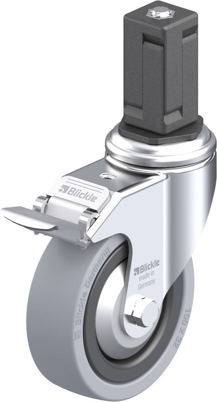 Metallisches Lenkrollenrad mit grauem Gehäuse und Bremse, von Blickle, markiert mit 'made in Germany'.
