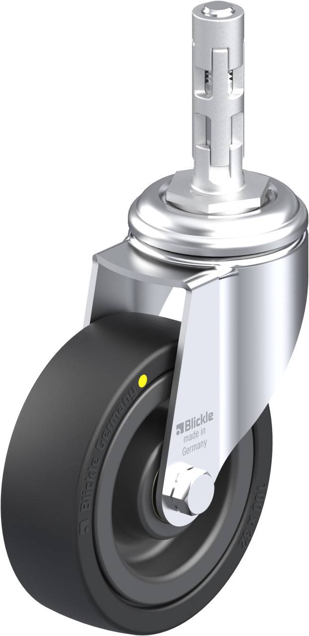 Industrie-Lenkrolle mit schwarzem Rad und silbernen Metallteilen. Geeignet für reibungslose Bewegung schwerer Lasten in Arbeitsbereichen.