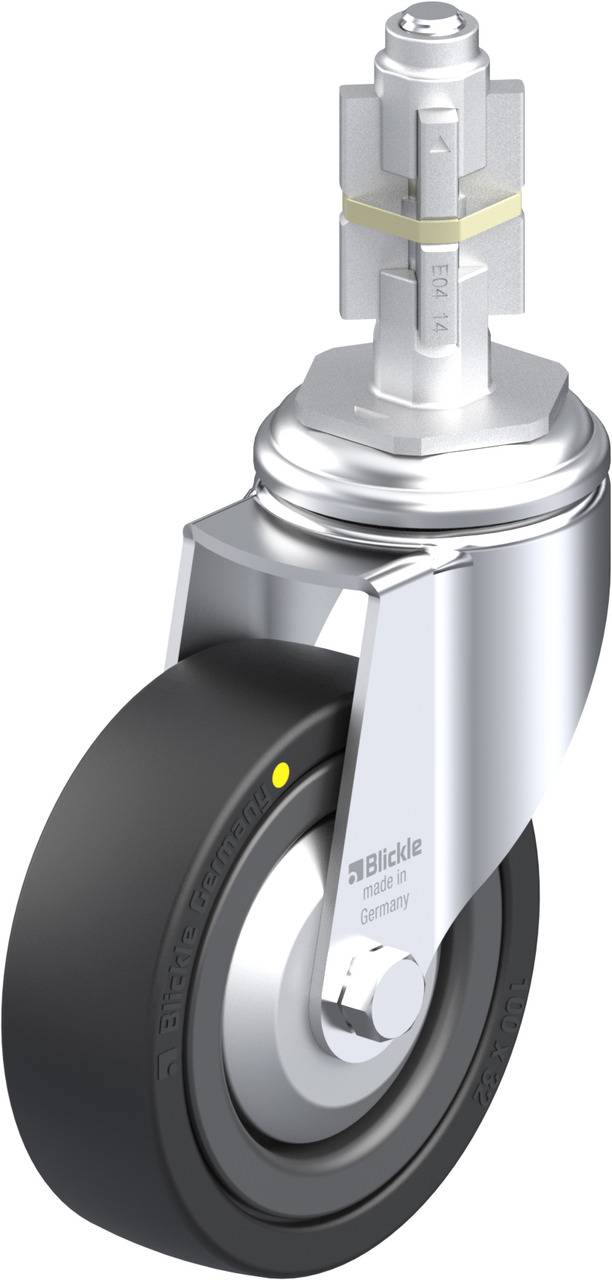 Gummirolle mit silbernem Metallgehäuse und Aufhängung. Geeignet für Transportgeräte, zeigt Qualität und robuste Bauweise.