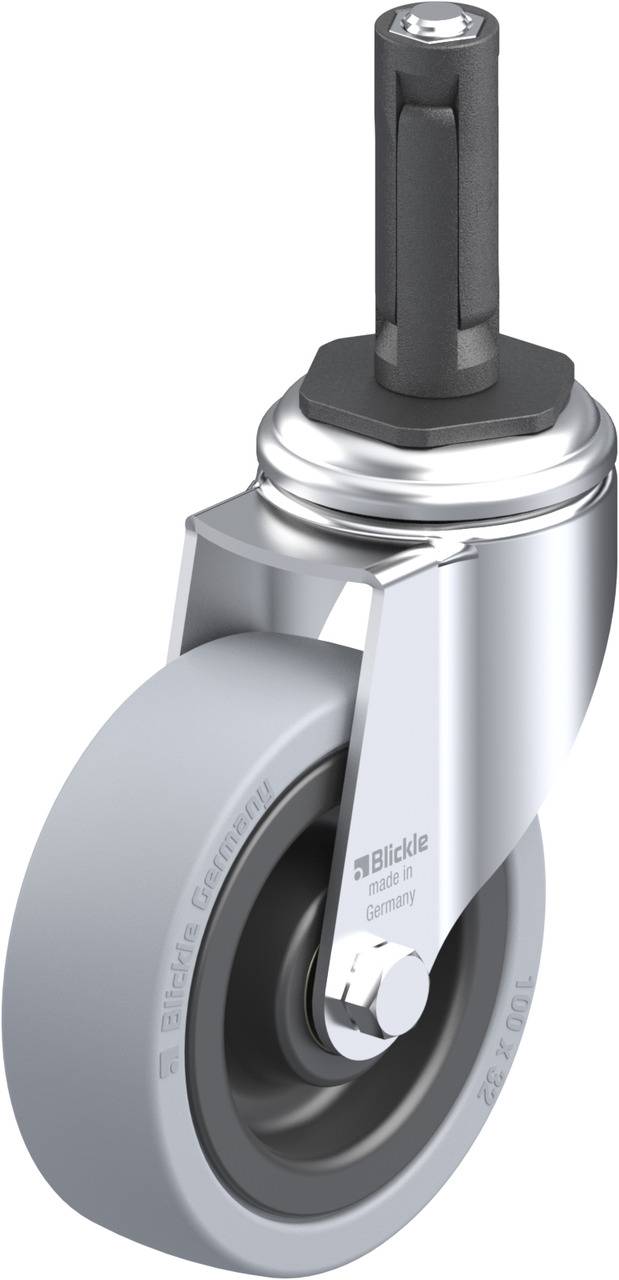 Ein Schwenkrollenrad aus Metall und Kunststoff, mit einer grauen Gummilauffläche, geeignet für Möbel oder leichte Transportgeräte.