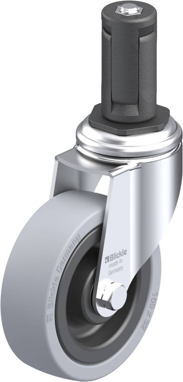 Graue Lenkrolle aus Metall und Kunststoff mit schwarzem Zapfen, geeignet für Industrieanwendungen. Text auf der Rolle: 'Blickle'.
