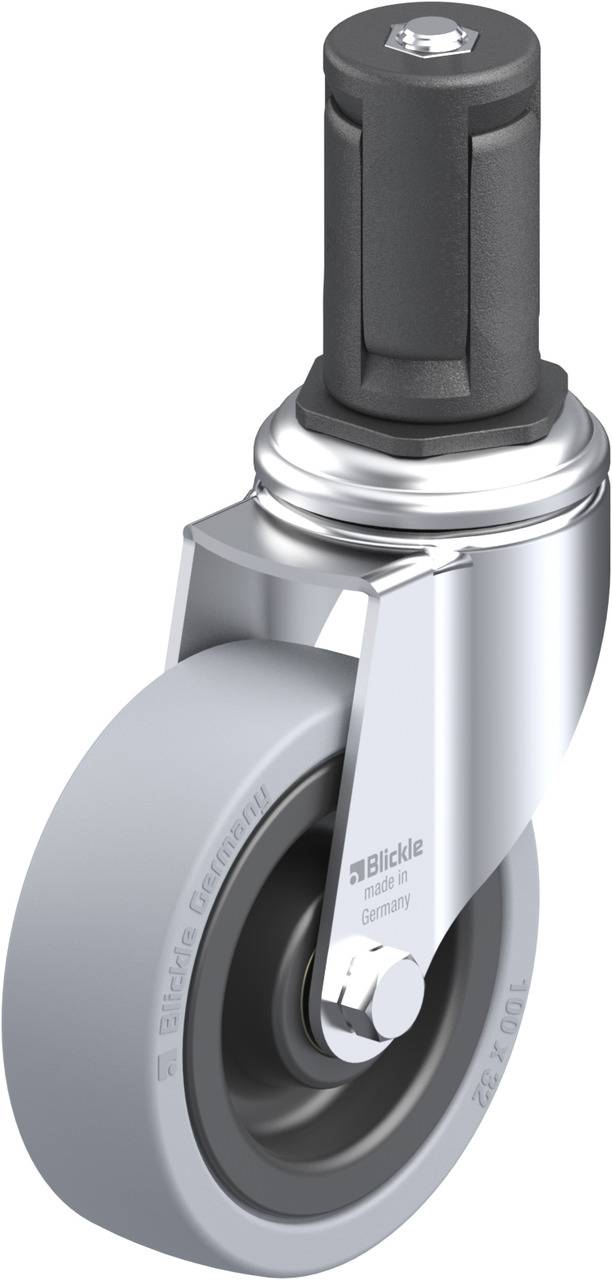 Rolle mit grauem Rad und schwarzem Drehgelenk. Geeignet für Möbel oder Geräte zur einfachen Bewegung auf glatten Oberflächen.