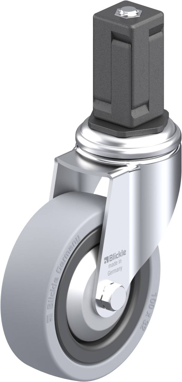 Metallrolle mit grauem Rad und Aufhängung, geeignet für industrielle Anwendungen. Markennamen und Schraube auf der Halterung sichtbar.