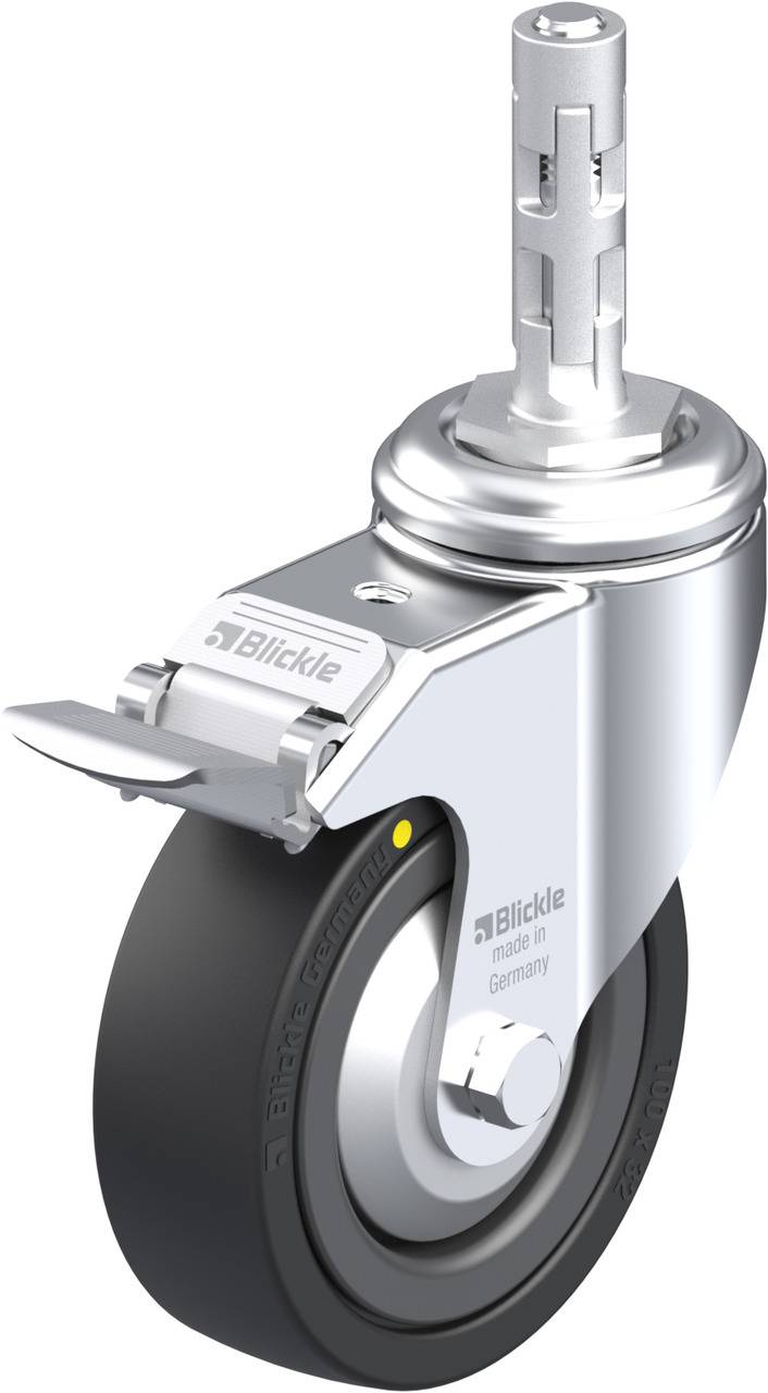 Industrie-Rad aus Metall mit schwarzem Reifen, seitlich ein Bremspedal. Aufschrift 'Blickle made in Germany' erkennbar.