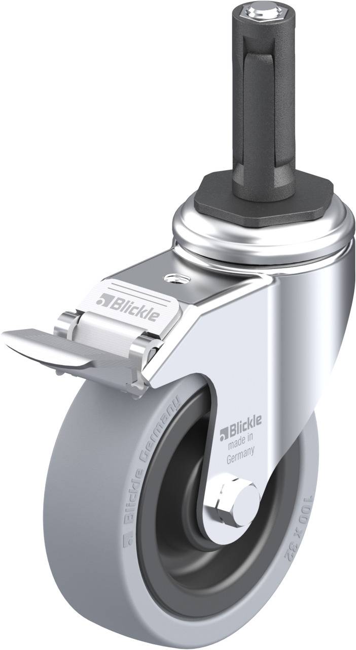 Silbergraue Laufrolle mit schwarzem Bolzen und Bremse für Möbel und Transportwagen; von der Marke Blickle, hergestellt in Deutschland.