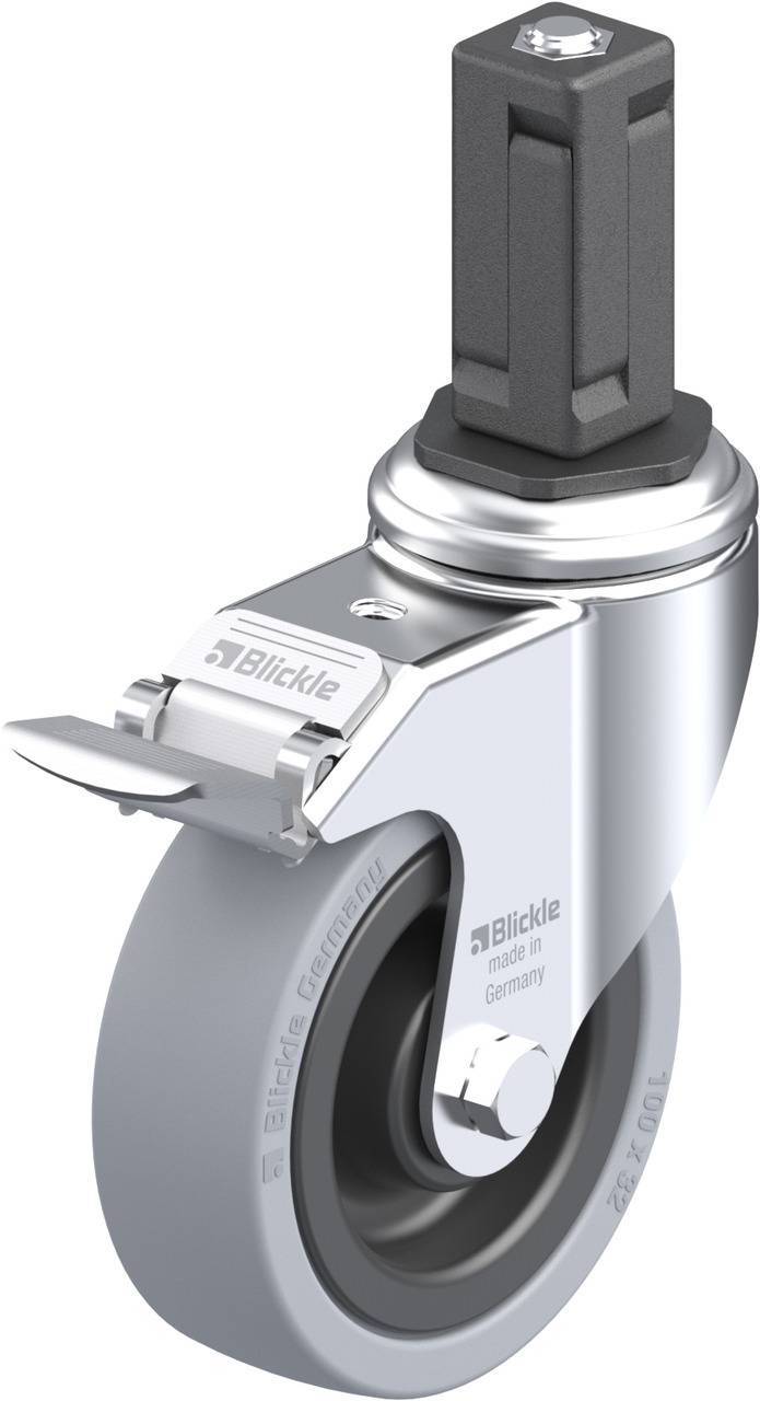 Dargestellt ist eine Metallrolle mit grauem Rad und montierter Klemme aus der Produktreihe eines deutschen Herstellers.
