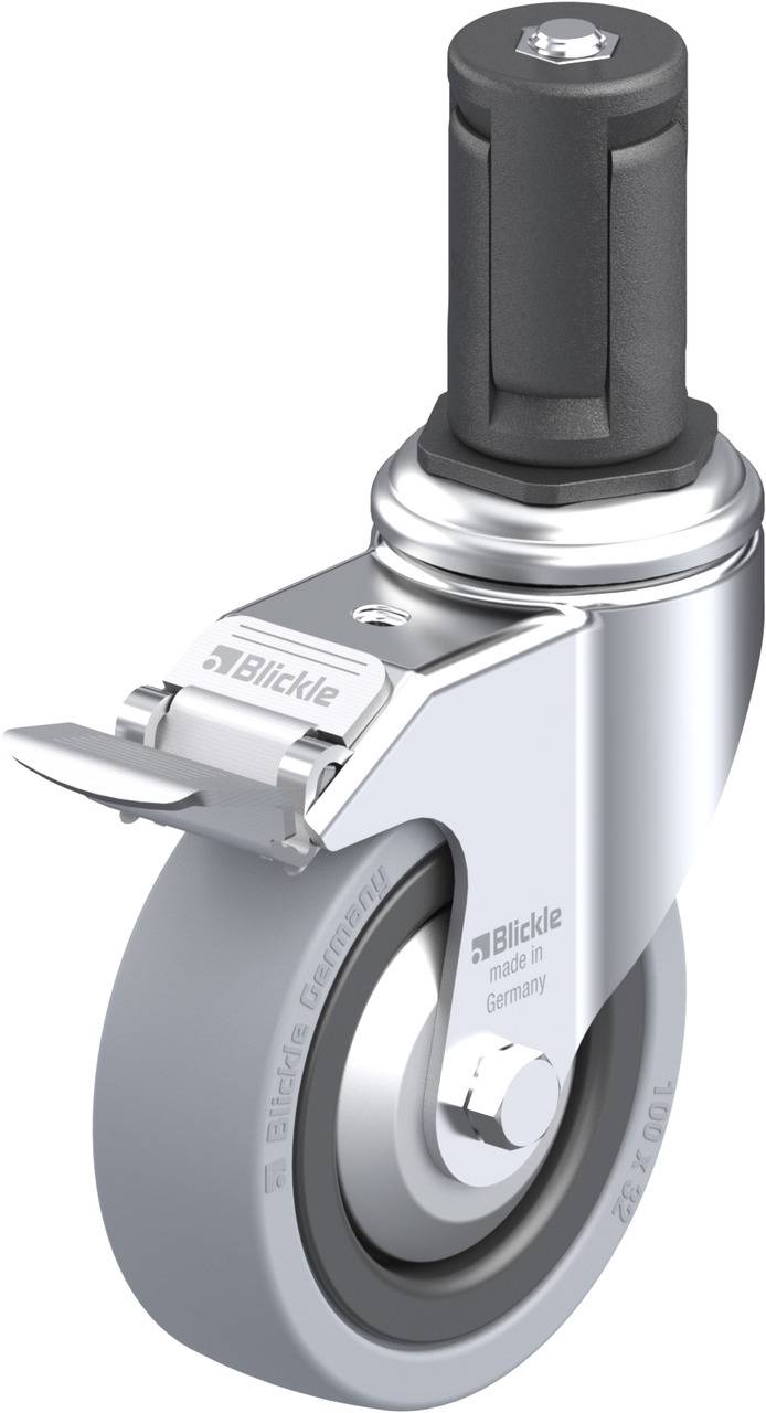 Industrie-Rolle mit grauem Rad und schwarzem Gehäuse, integrierter Feststellbremse und Aufschrift 'Blickle'.