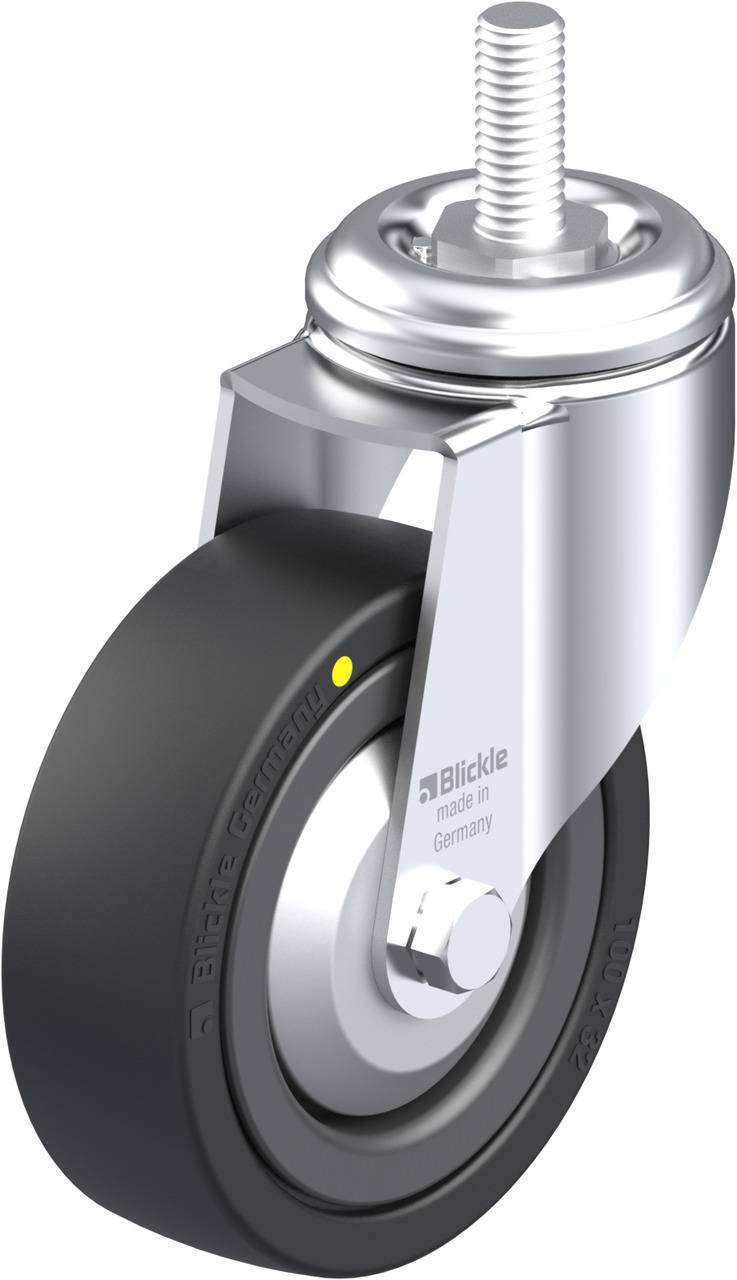 Schwenkrolle mit schwarzem Rad und silbernem Metallgehäuse, 'Blickle' Aufdruck, robuste Konstruktion für industrielle Anwendungen.